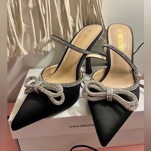 Black rhinestone bow heels
